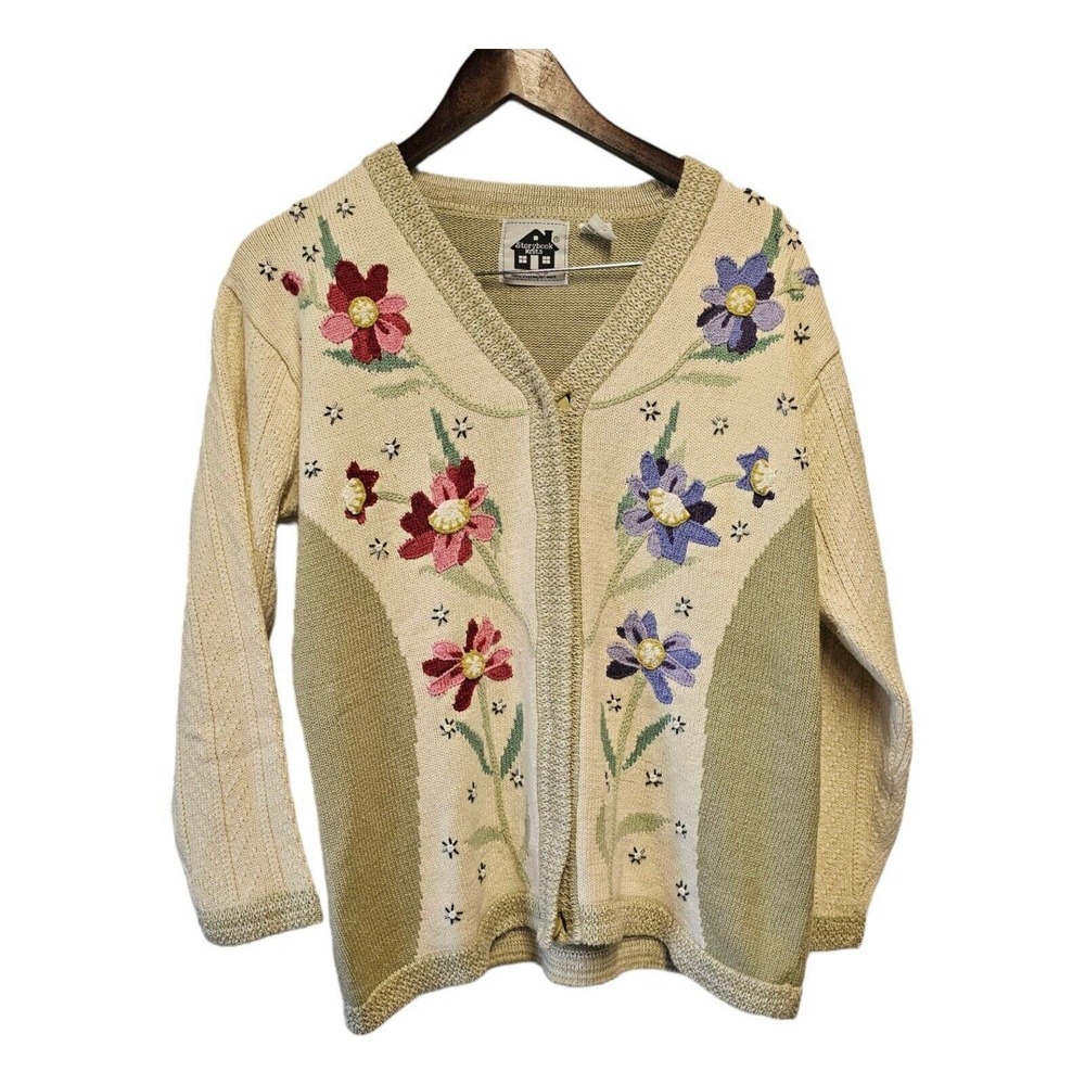 Storybook Knits 3D Flower Cardigan Sweater  Spring Blossom MEDIUM Hidden Buttons